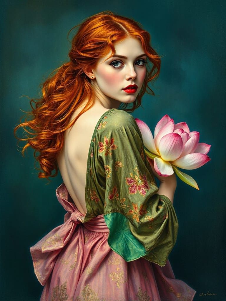 Redhead with Lotus in Pre-Raphaelite Style