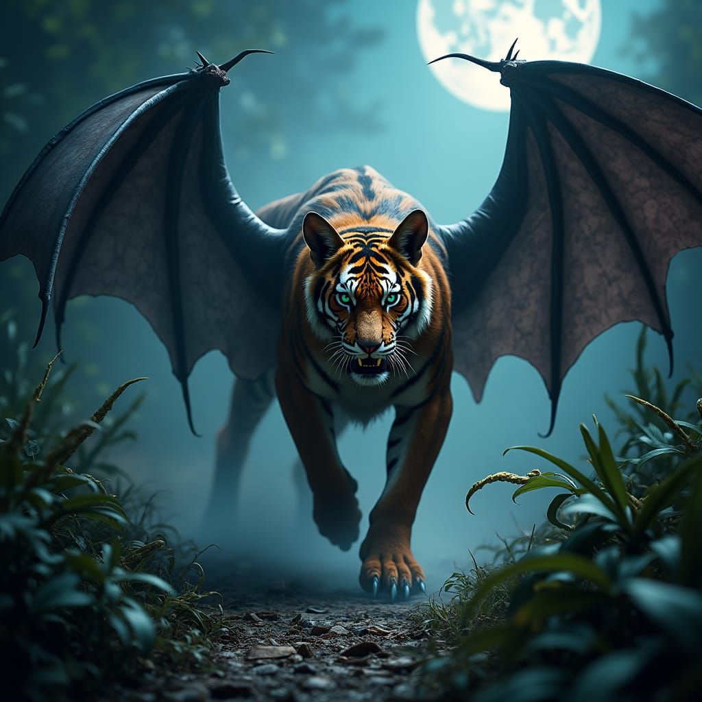 Majestic Tiger-Bat Hybrid in Misty Jungle