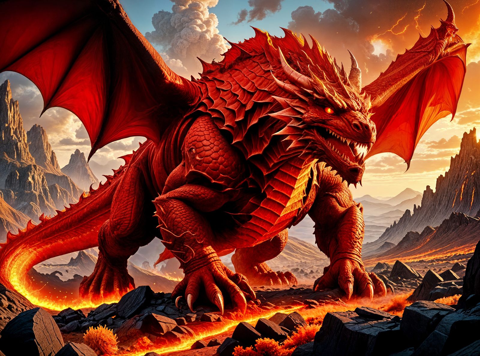 Themberchaud: Red Dragon in Volcanic Landscape