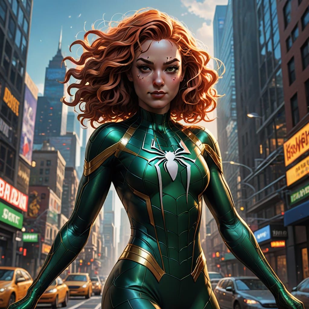 Girl with Golden Hair and Spider Emblem in Marvel Comic Styl...