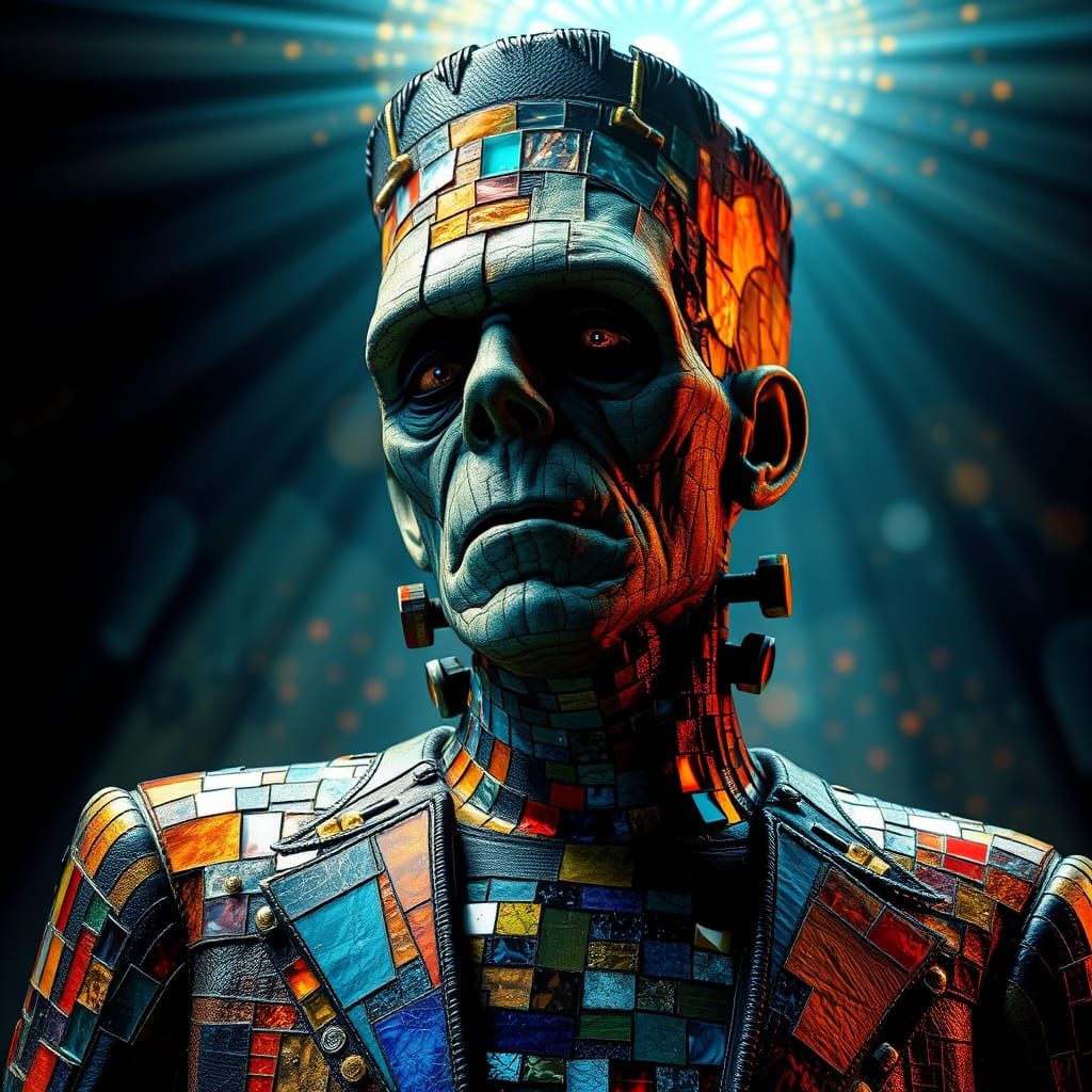 Surreal Frankenstein's Monster Mosaic Masterpiece in Art Nou...