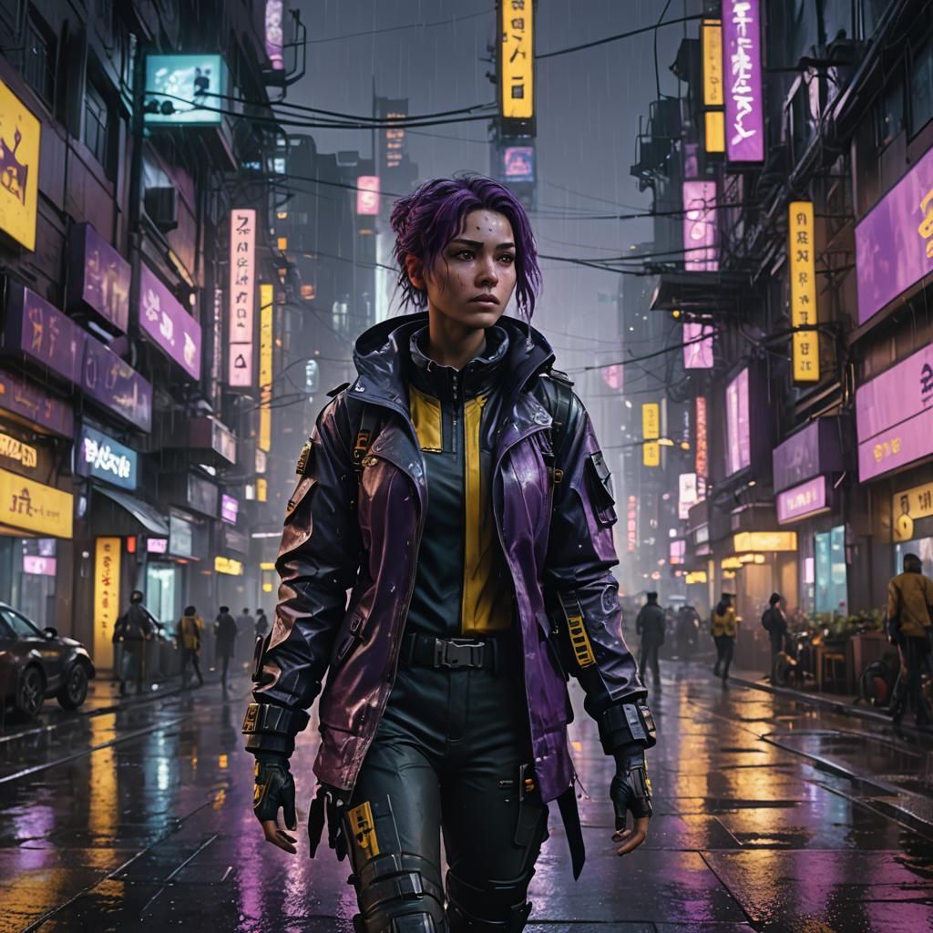 Cyberpunk Cityscape with Sci-Fi Protagonist, Detailed Art
