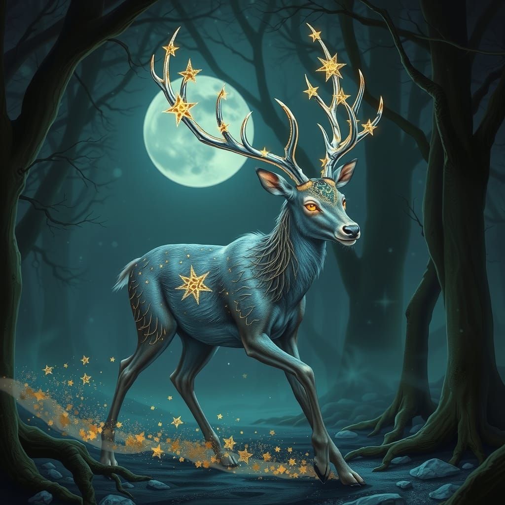 Starlight Deer Emerges from Moonlit Grove in Art Nouveau Sty...