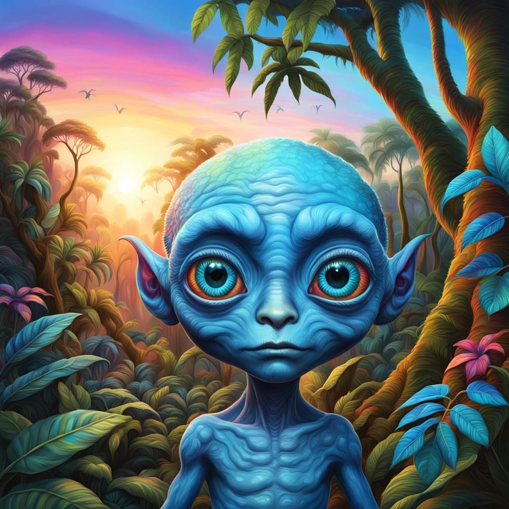 Realistic Blue Alien Kid in Rainbow Jungle