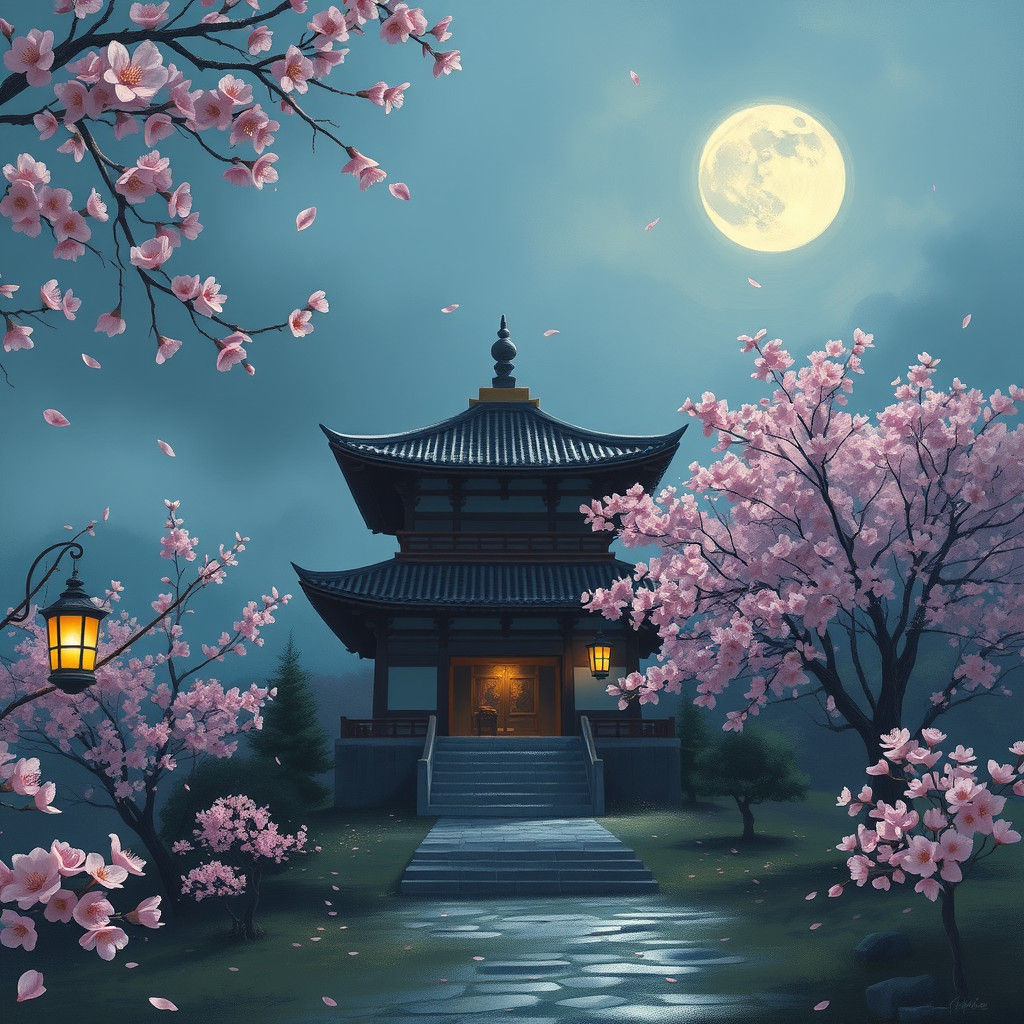 Moonlit Temple Hall in Spring Blossom Dreamscape