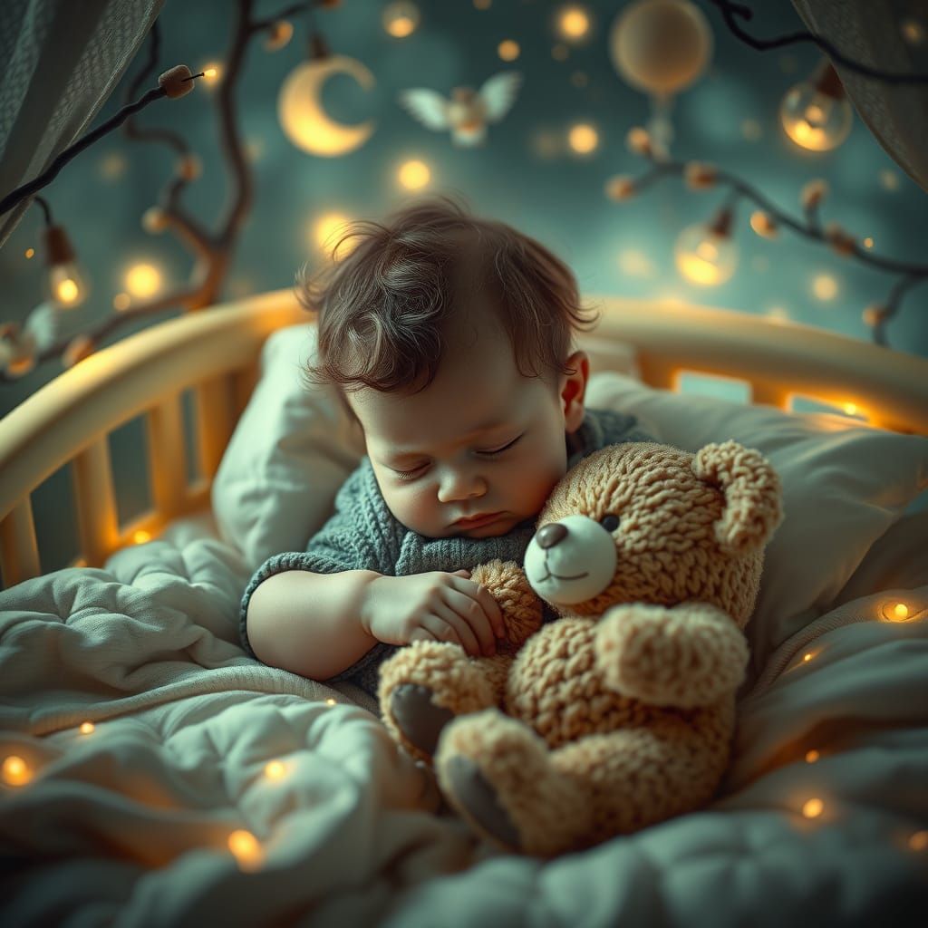 Newborn Baby Boy Plays with Teddy Bear in Dreamy Wonderland