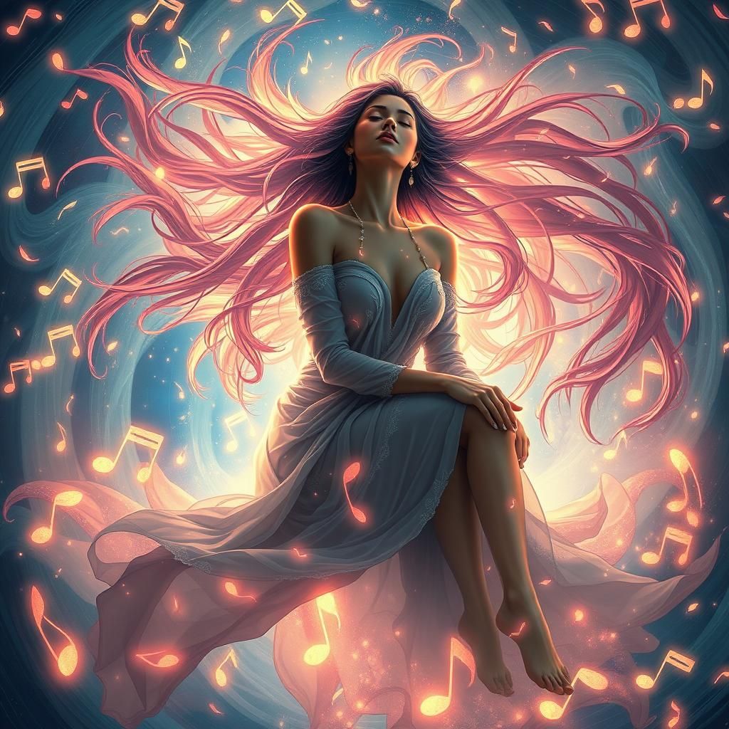Ethereal Woman Harmonizing with Luminescent Music Notes