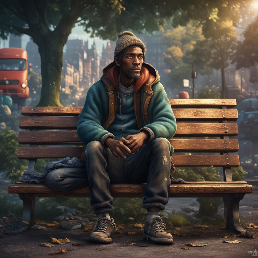 Homeless Man on Bench: Fantasy Concept Art