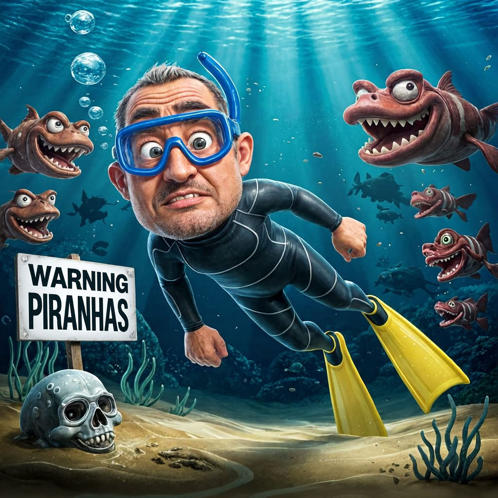 Cartoon Piranhas Attack Wetsuit Diver in 4K