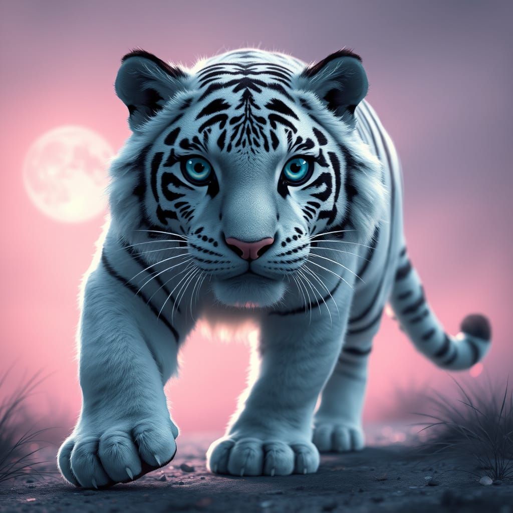 Elegant White Tiger in a Dreamy Nighttime Scene