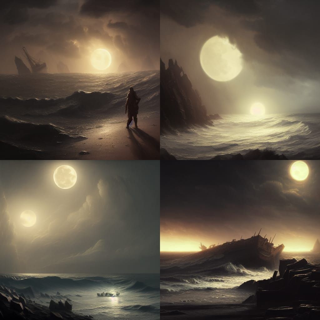 Stormy Beach Moonscape in Dark Fantasy Style