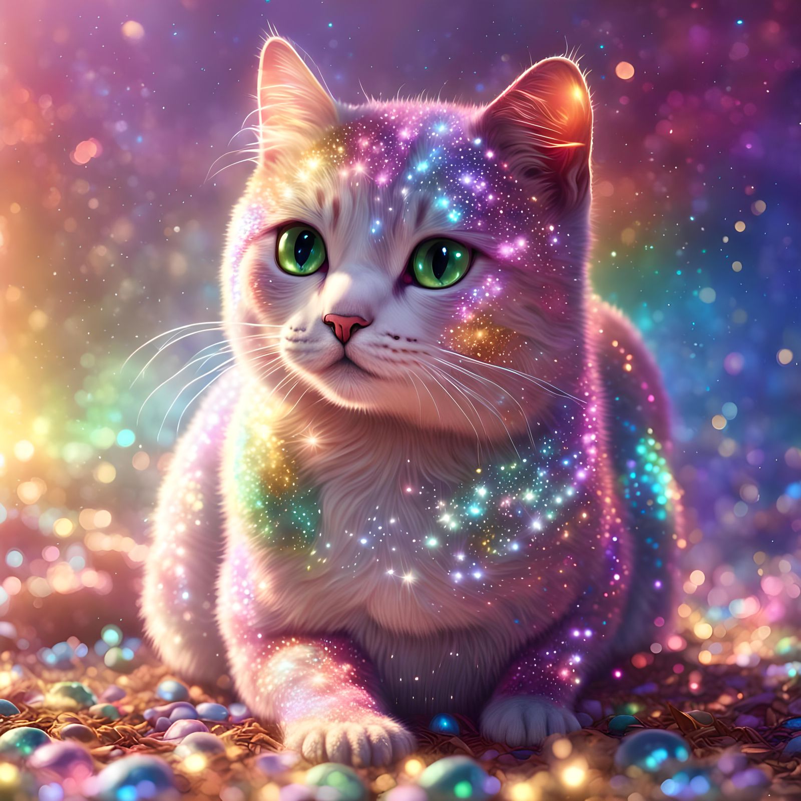 Glittery Cat in a Rainbow Wonderland