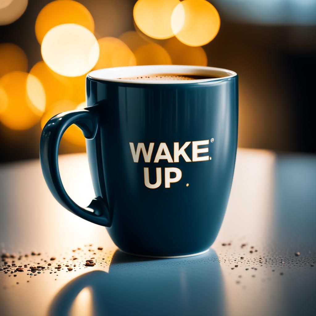 Coffee Mug with "Wake-Up" Text: Professional Photo