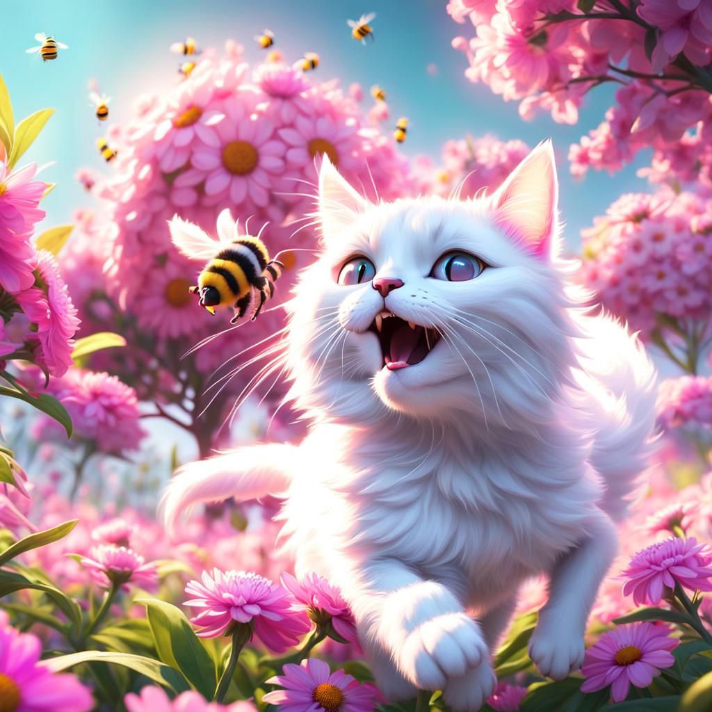 Cat and Bee in Spring: 3D Digital Art