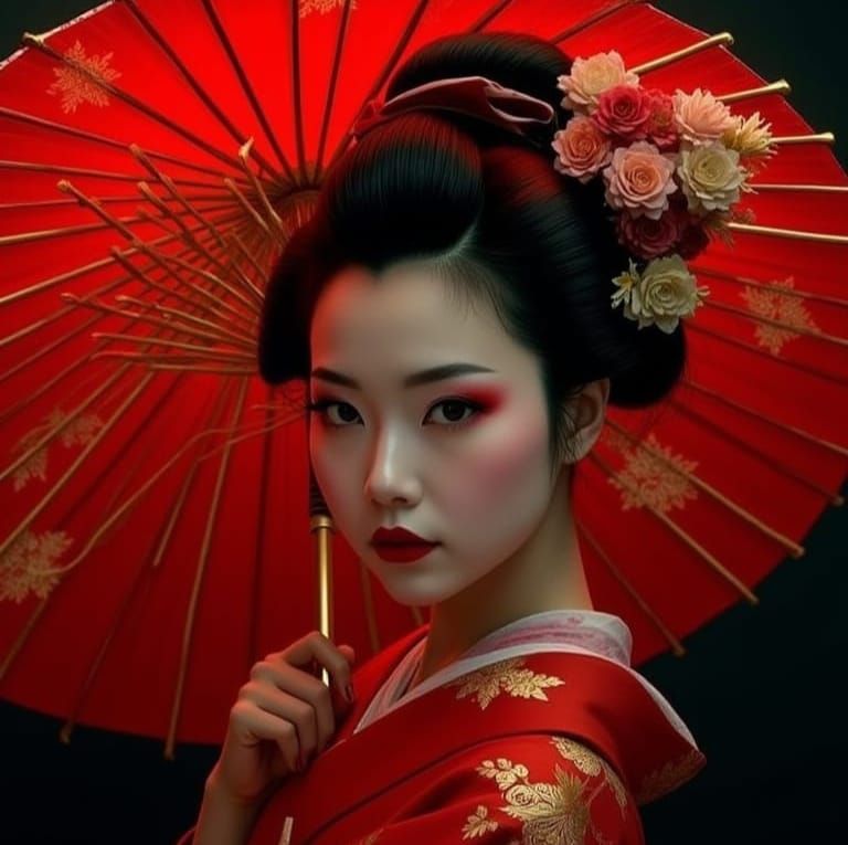 Beautiful Geisha Portrait in Red, Black, and Gold