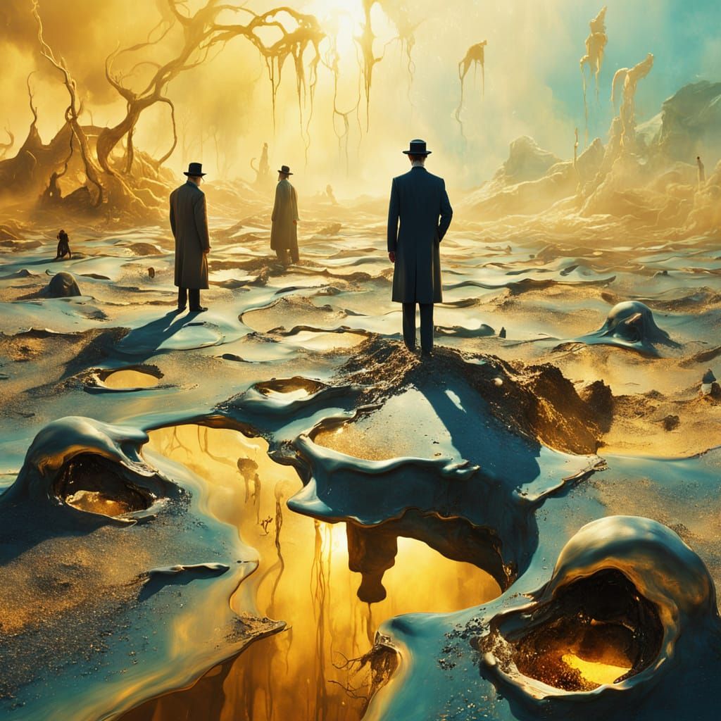 Surreal Melting People in Dreamlike Landscape