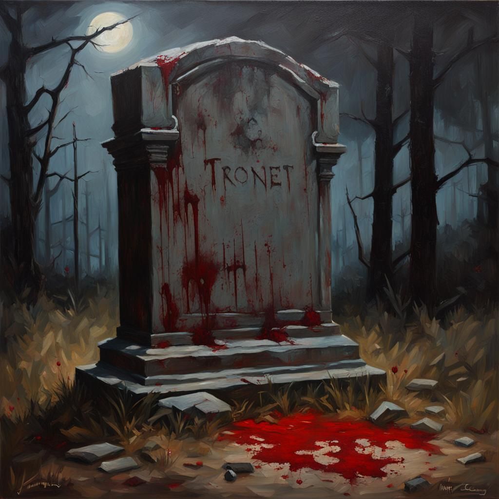 Creepy Tombstone with Blood in Dark Oil Painting