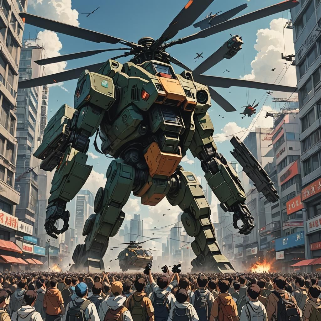 Helicopter-Lifted Jaeger in Anime Style