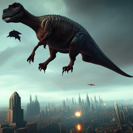 Dinosaur Bones Fly Over City in Dark Fantasy Art