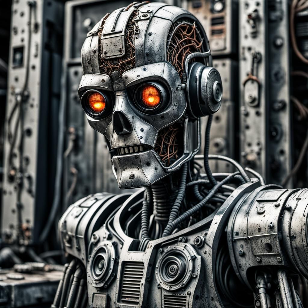 Hyperrealistic Robot with Boombox in Detailed Wire Scene