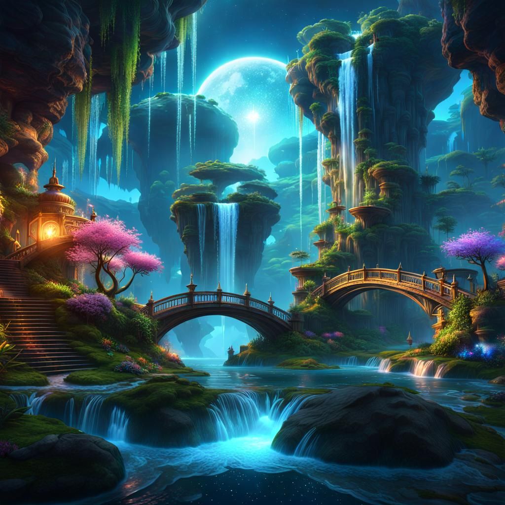 Dreamlike Floating Islands with Waterfalls