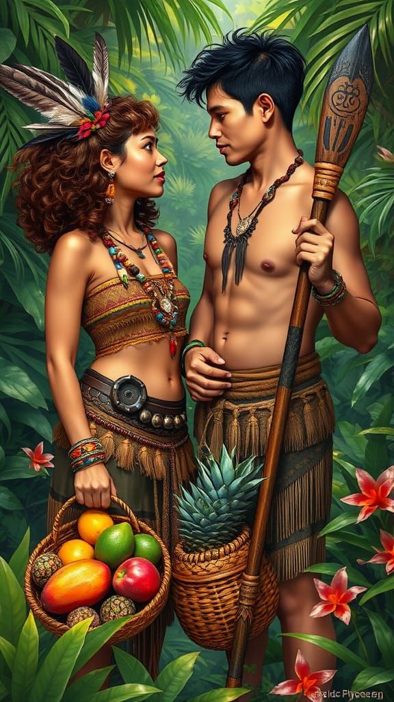 Couple Embracing Tribal Heritage in Lush Jungle Setting