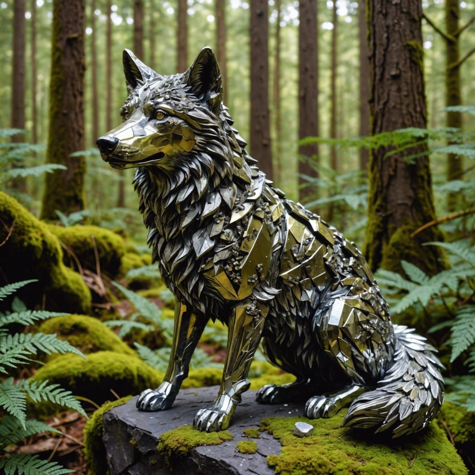 Pyrite Crystal Wolf in Ethereal Forest