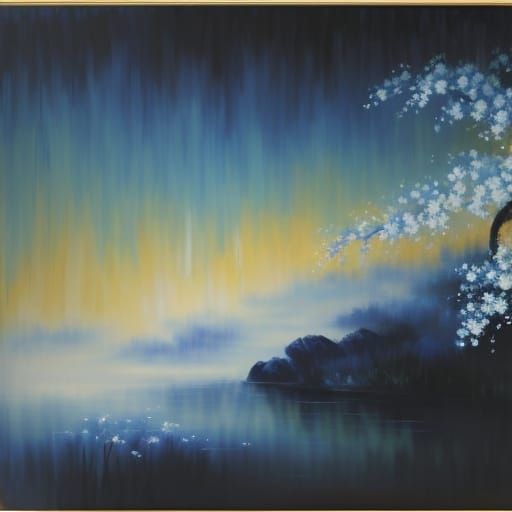 Geisha Dancing in Moonlit Garden, Neo-Impressionist Oil Pain...