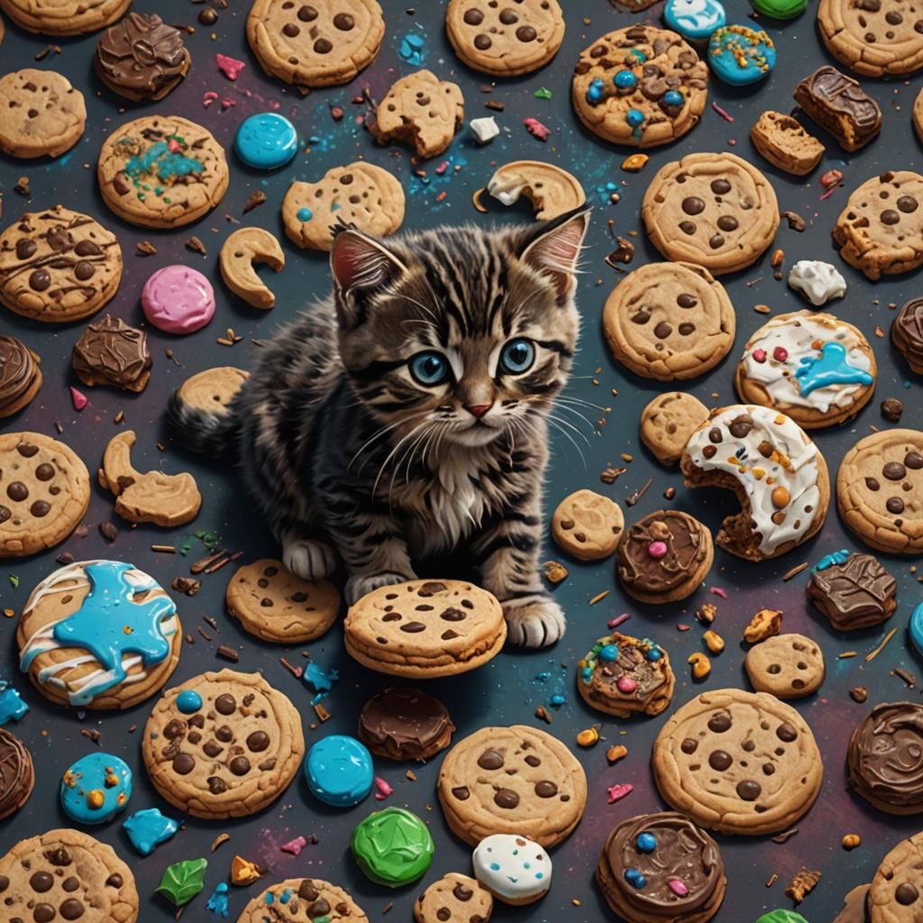 Kitten Munching Cookies in Detailed Matte Painting
