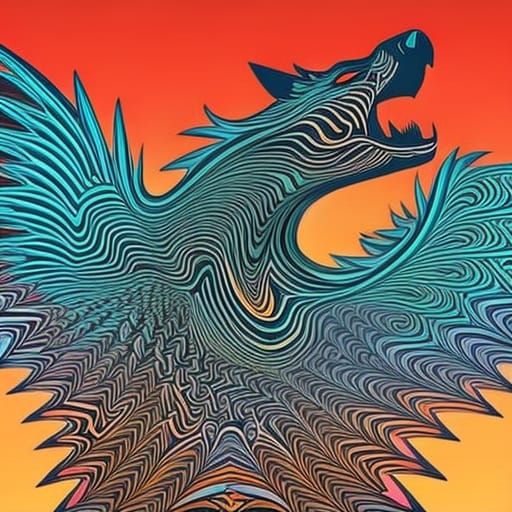 Winged Werewolf Soaring Through Sunset: Abstract Rendering