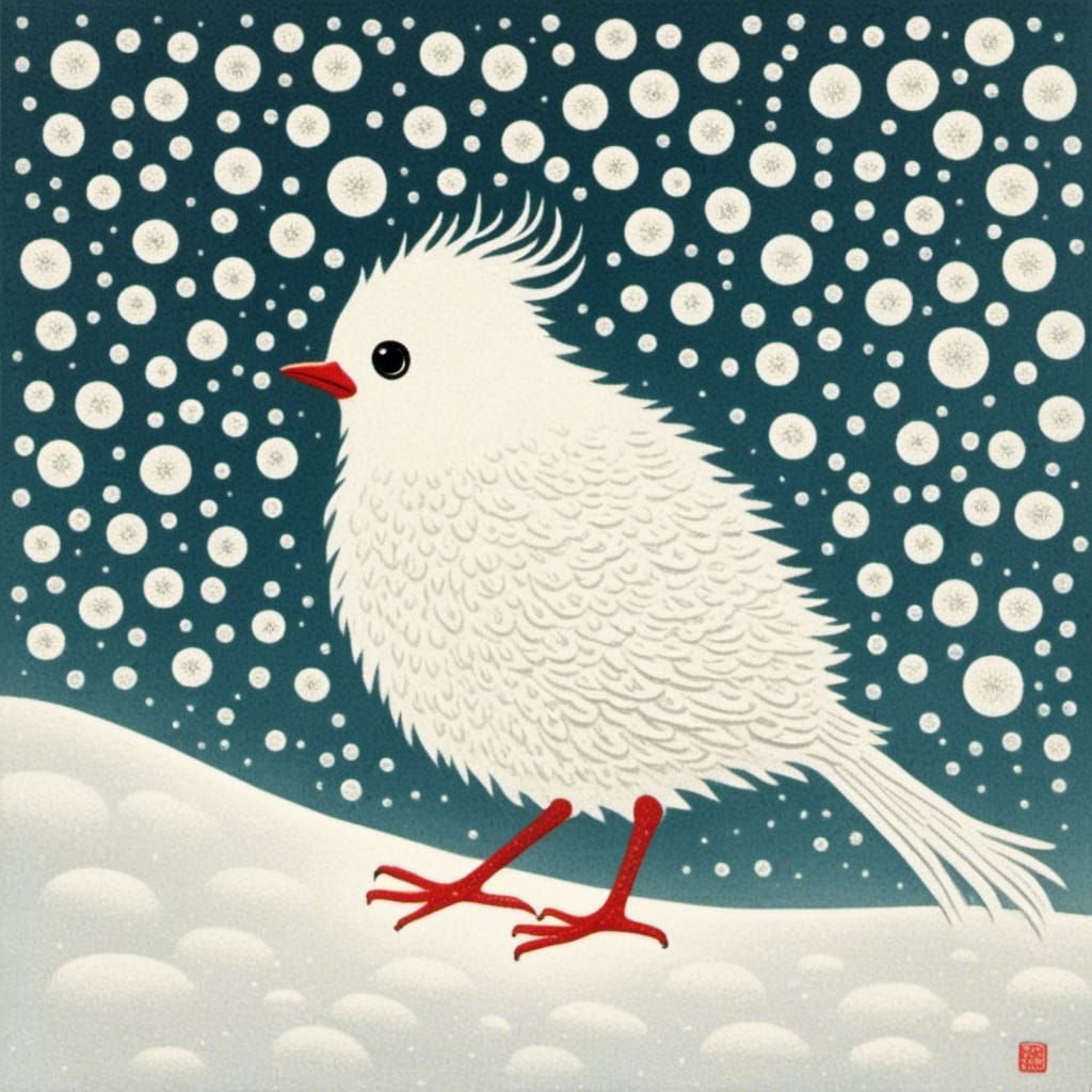 Bird Playing in Snow, Japanese Woodblock Style