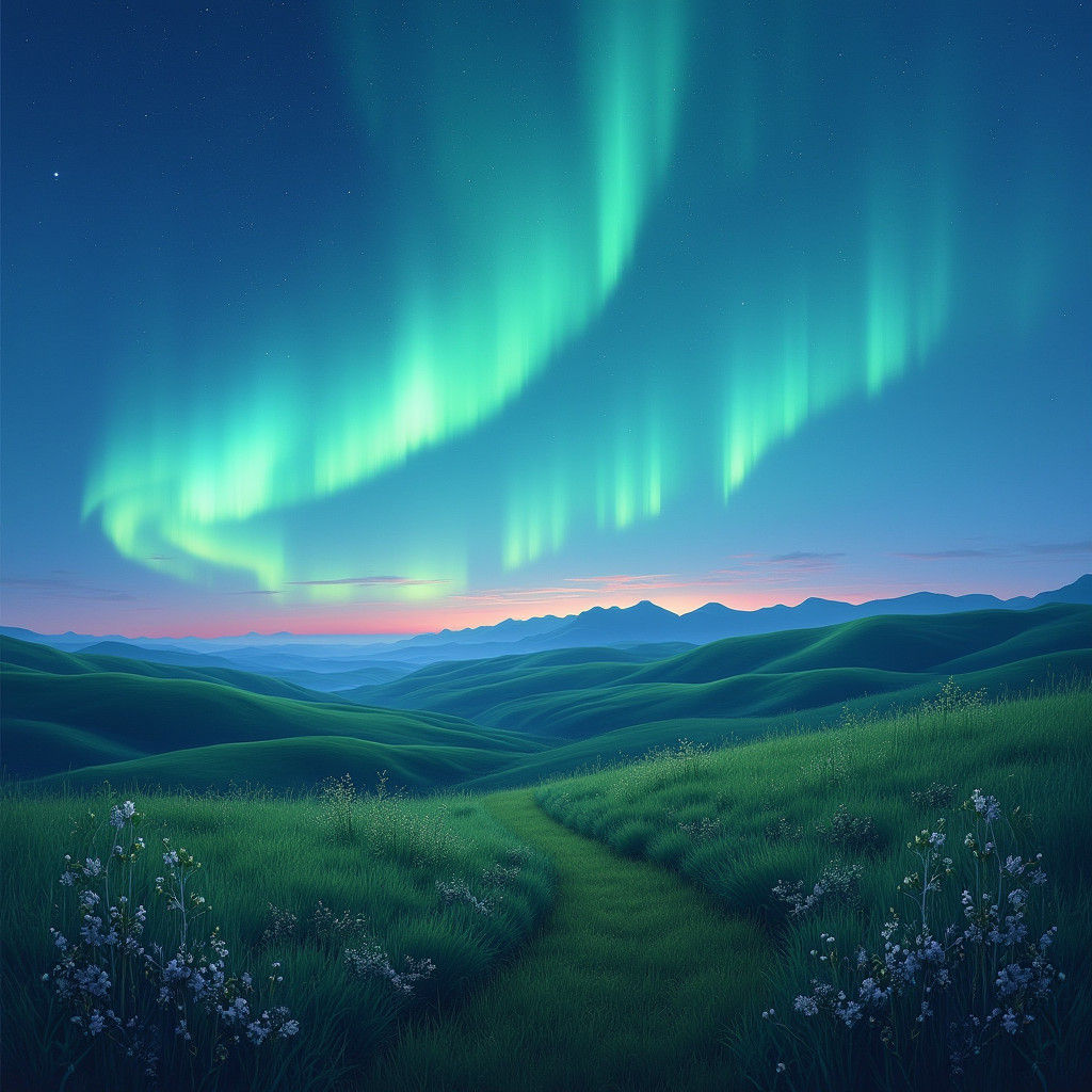 Aurora Borealis Over Rolling Green Hills