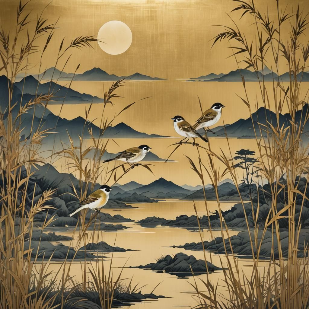 Japanese Lacquer Art of Reed Buntings by Lake