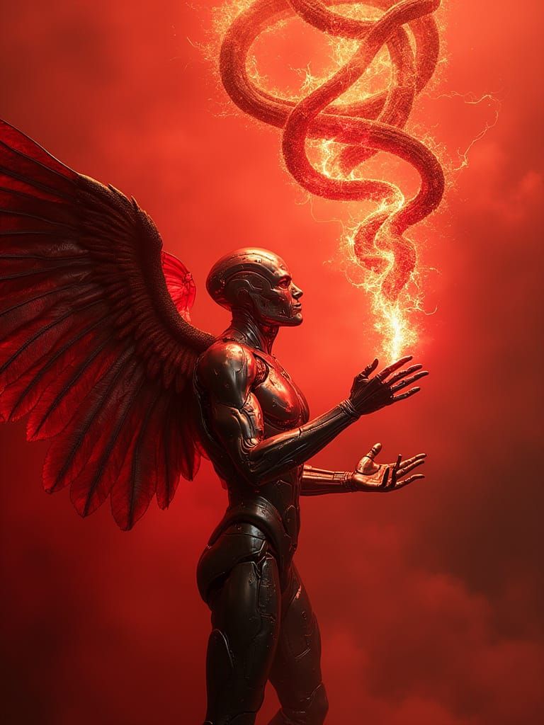 Cybernetic Serpent Lord in Crimson Dreamscape