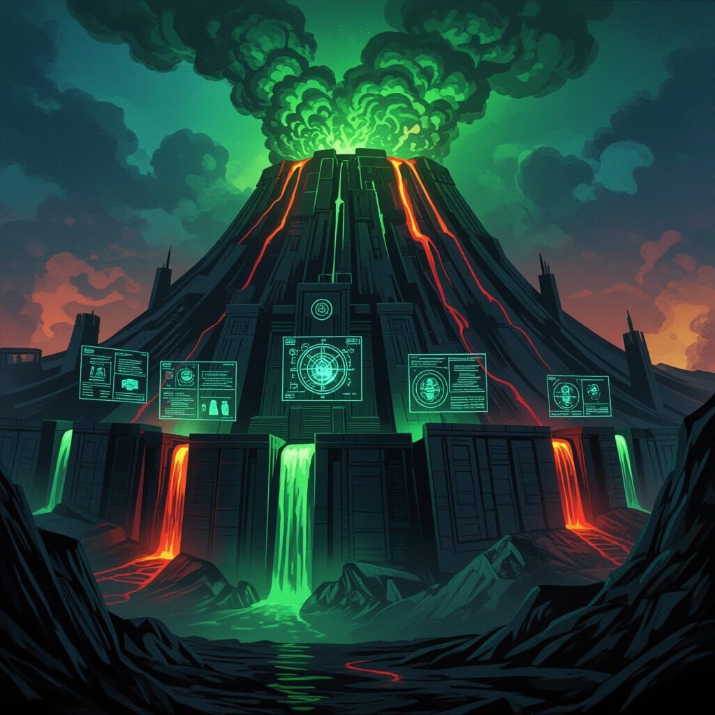 Obsidian Fortress In Volcano With Lava And Toxic Smoke