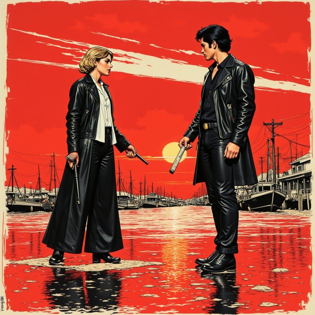 Tarantino-Inspired Anime Duel in Red and Black