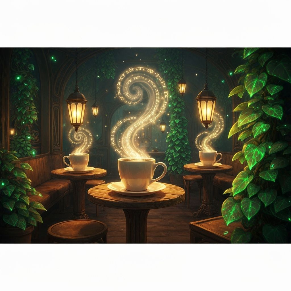 Magical Coffee Shop Interior with Glowing Runes and Lanterns