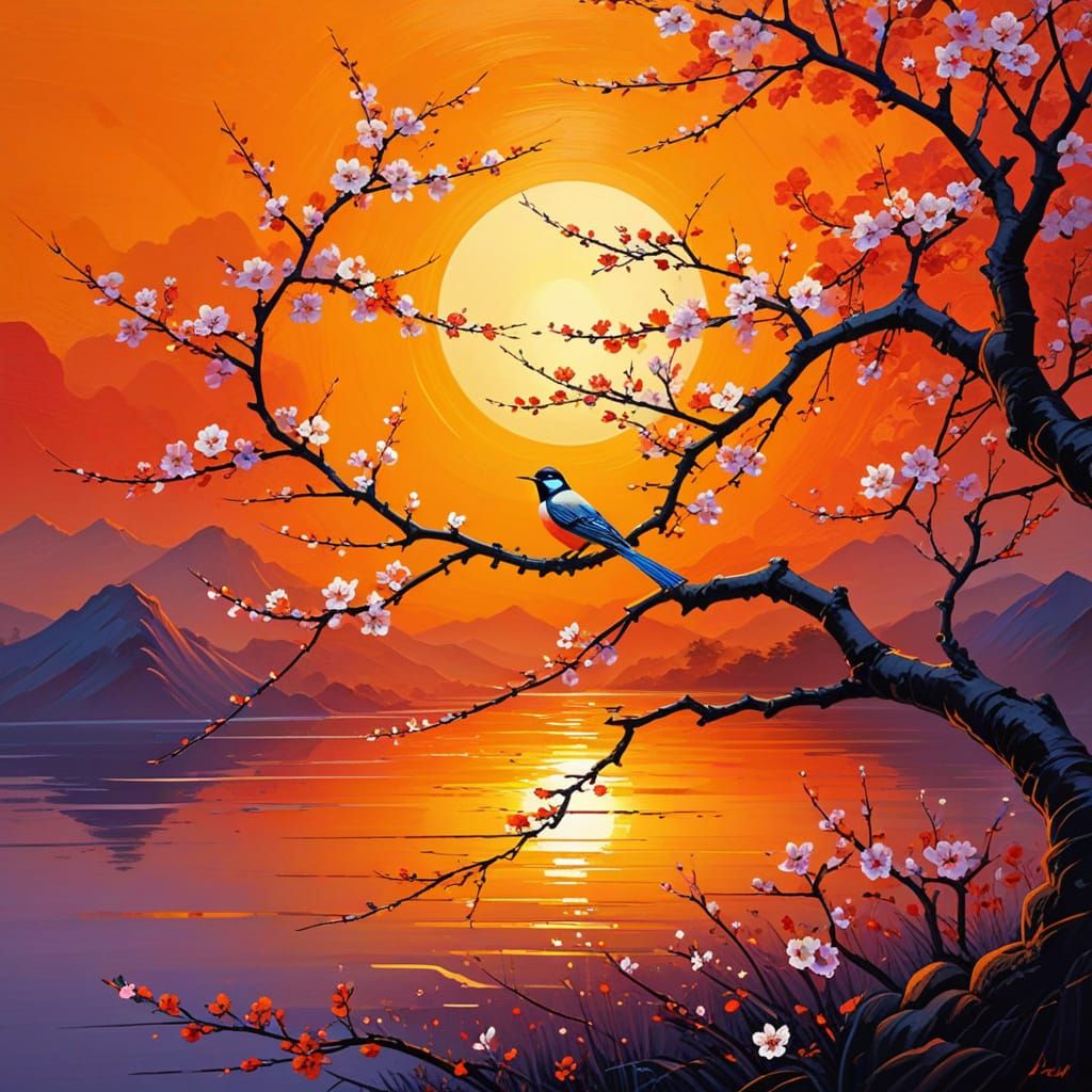 Vibrant Blossom Tree in Traditional Japanese Style