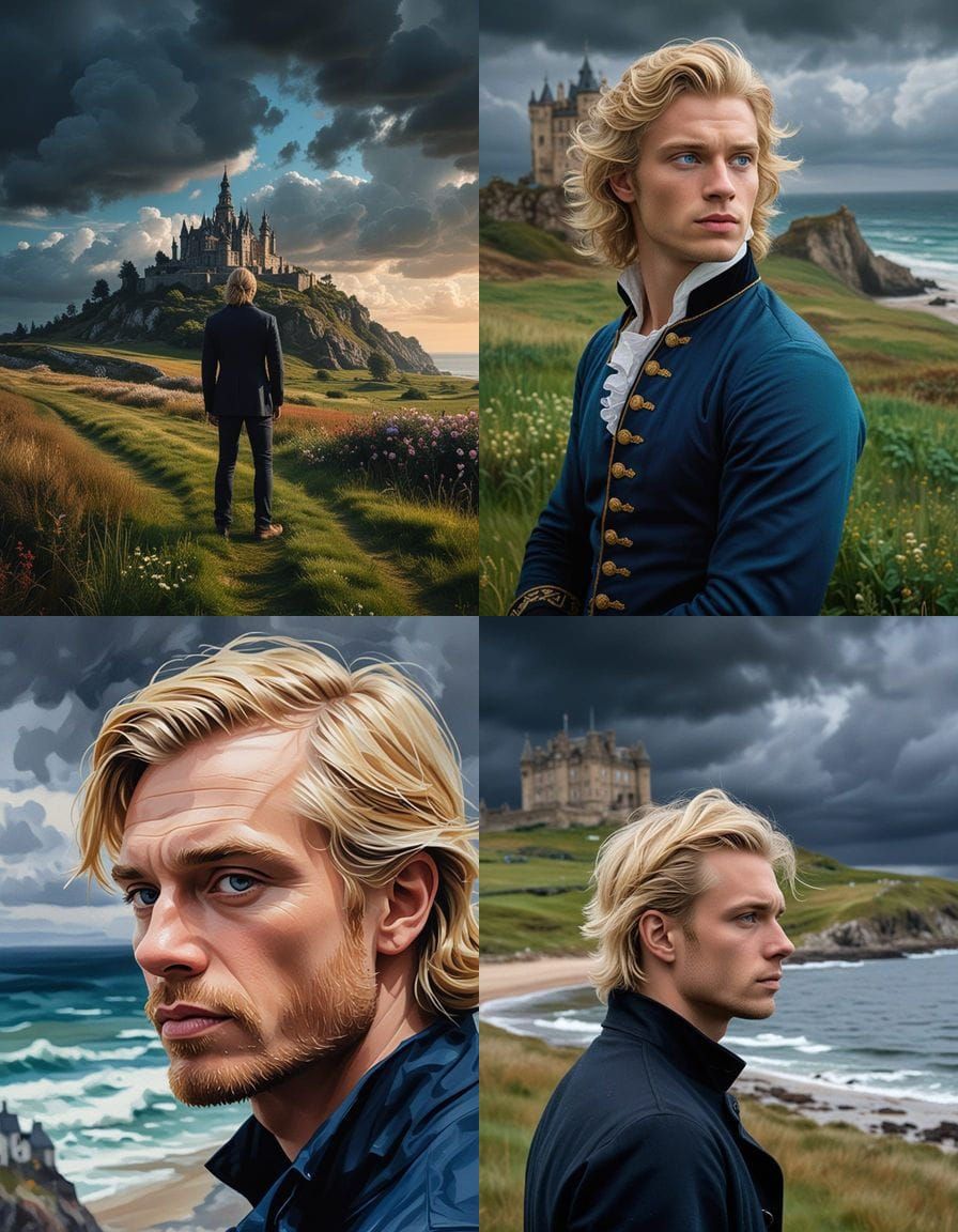 Rococo Man Gazing at Sea in Gouache Style