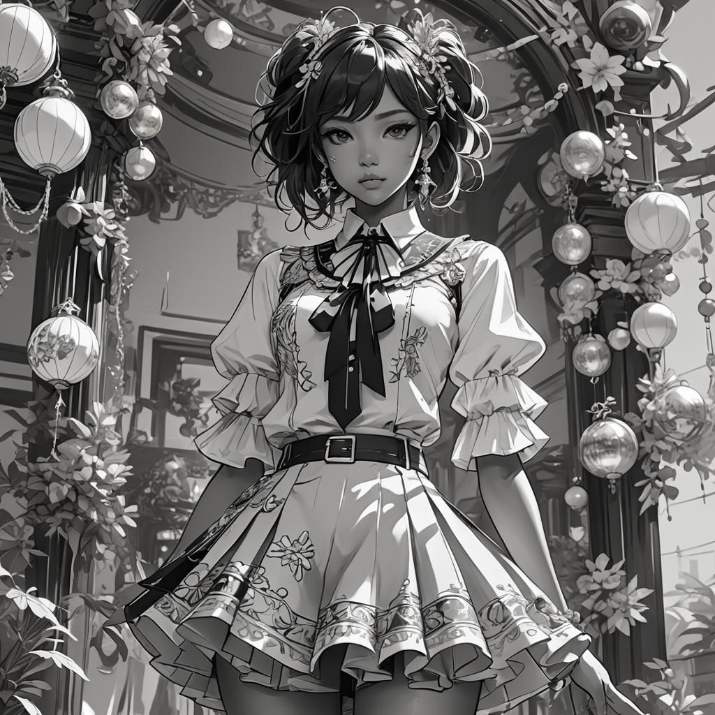Detailed Anime-Style Sketch of Girl in Extravagant Outfit