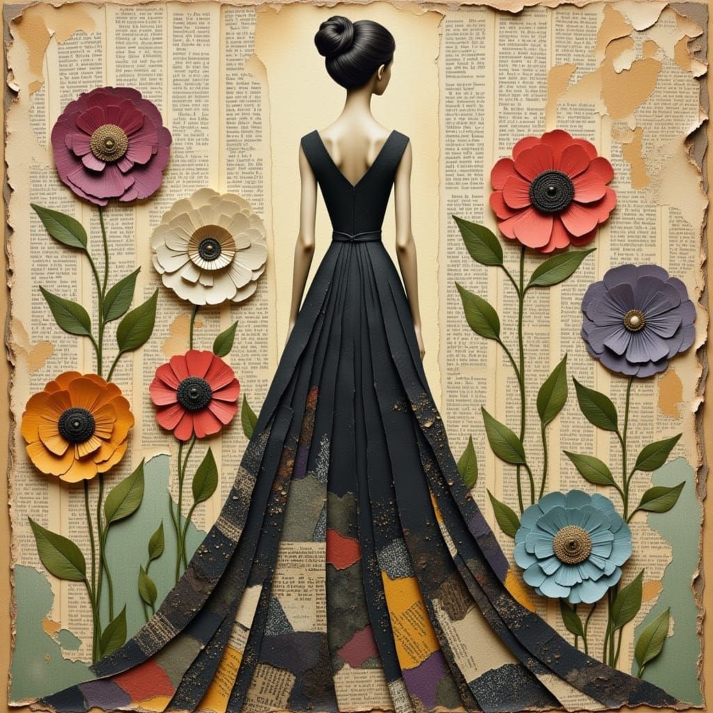 Elegant Woman in Mixed-Media Collage Art
