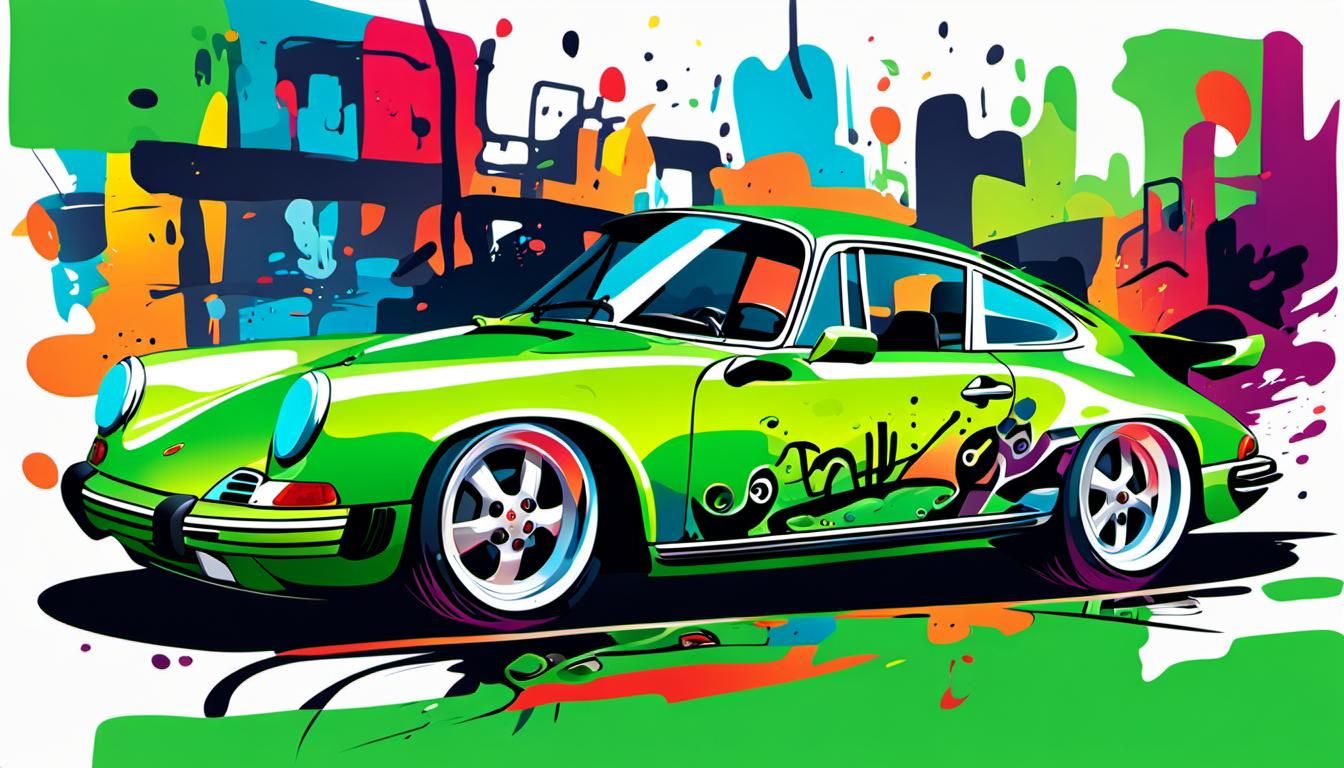 Glossy Green Porsche in Vector Graffiti Style