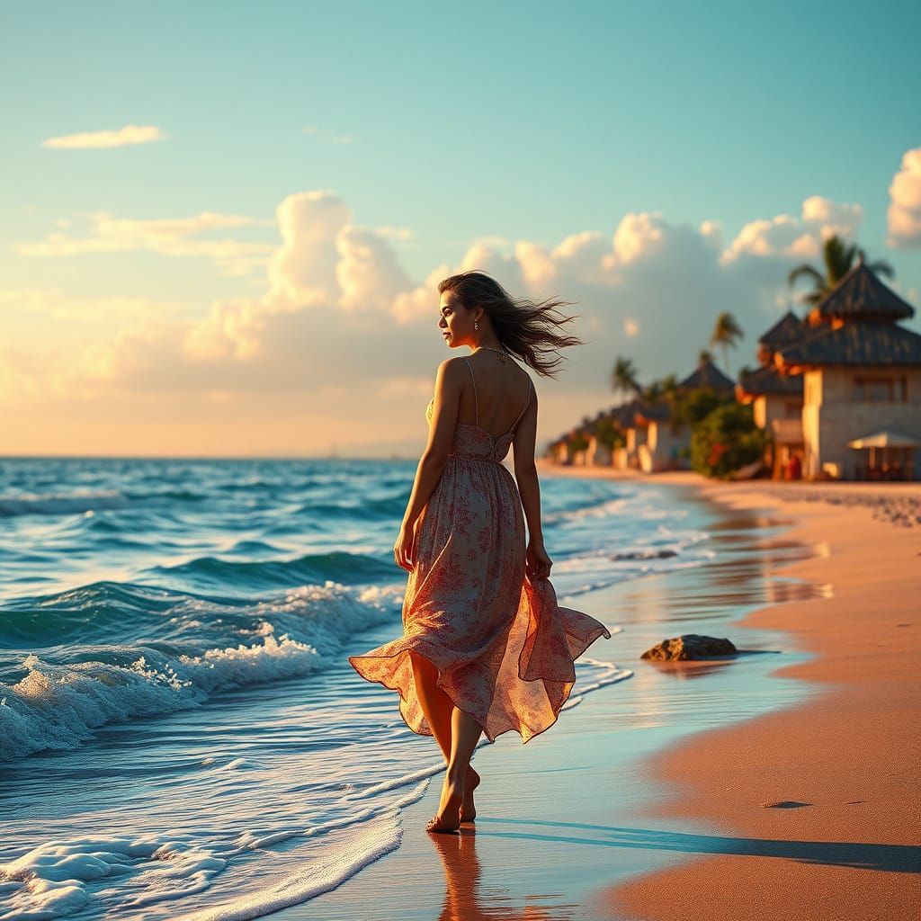 Woman on Summer Beach in Dramatic Lighting