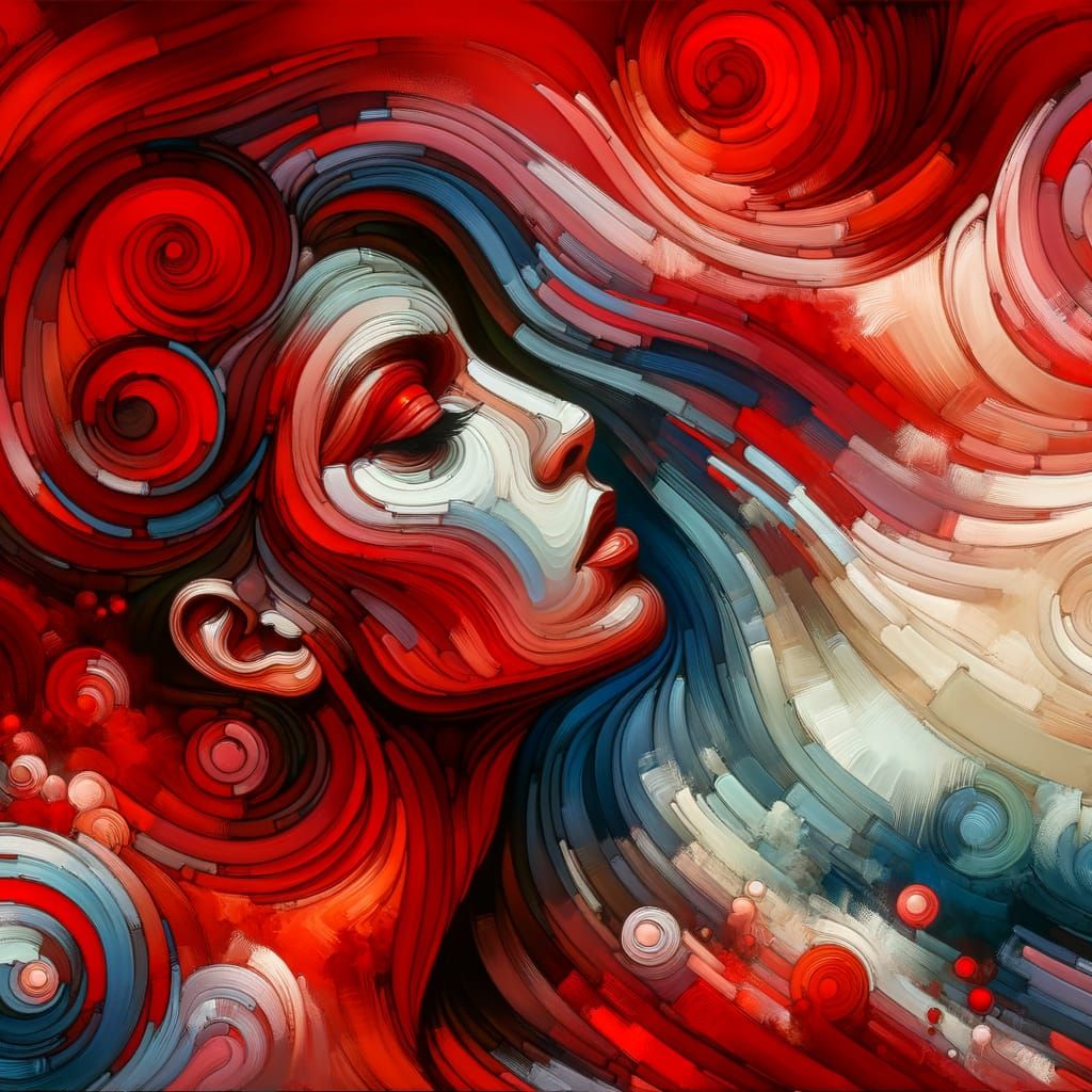 Intense Red Expressionist Scene with Swirling Abstract Shape...