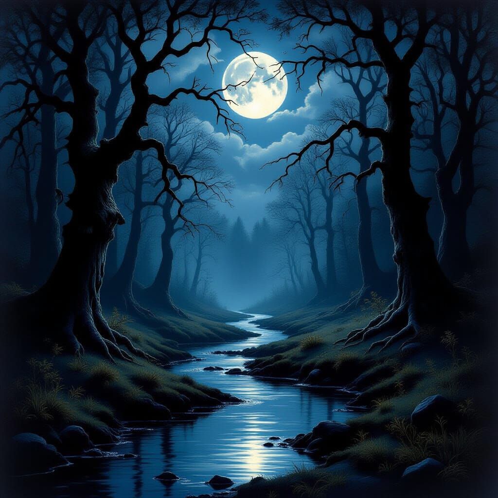 Ominous Moonlit Forest With Silver Stream