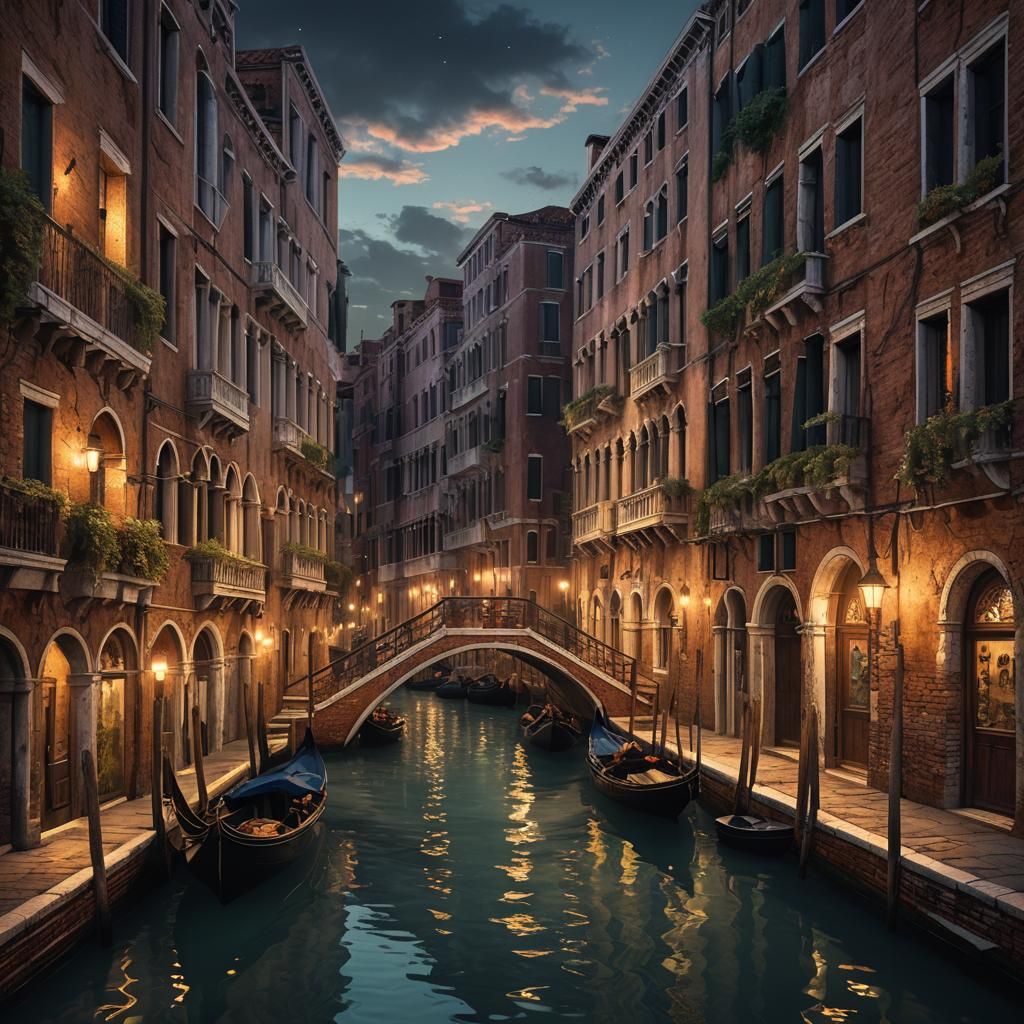 Venice Canal at Night with Fireflies