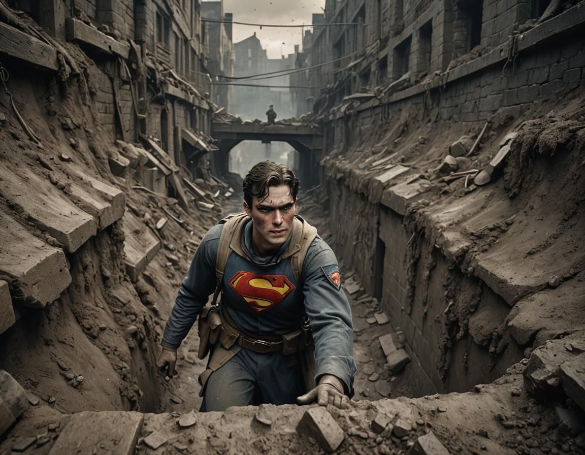 Superman Soldier in WWI Trench, Detailed Digital Art