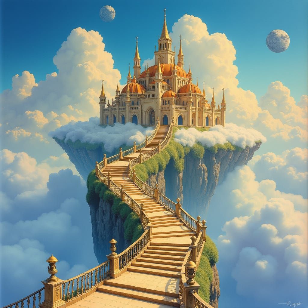 Fantastical Cloud Palace with Golden Stairway, Watercolor