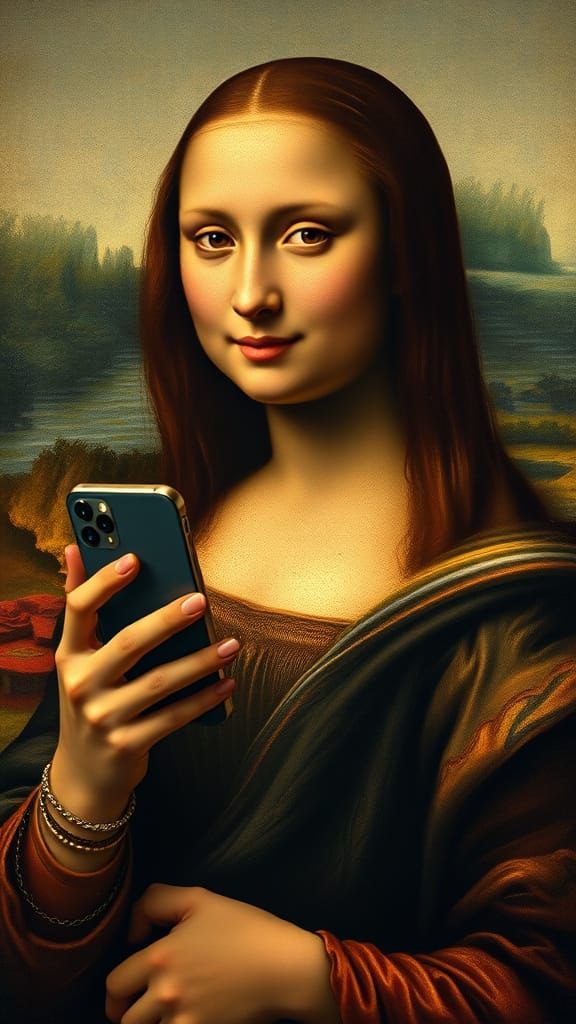 Mona Lisa with Phone: Hyperrealistic Concept Art