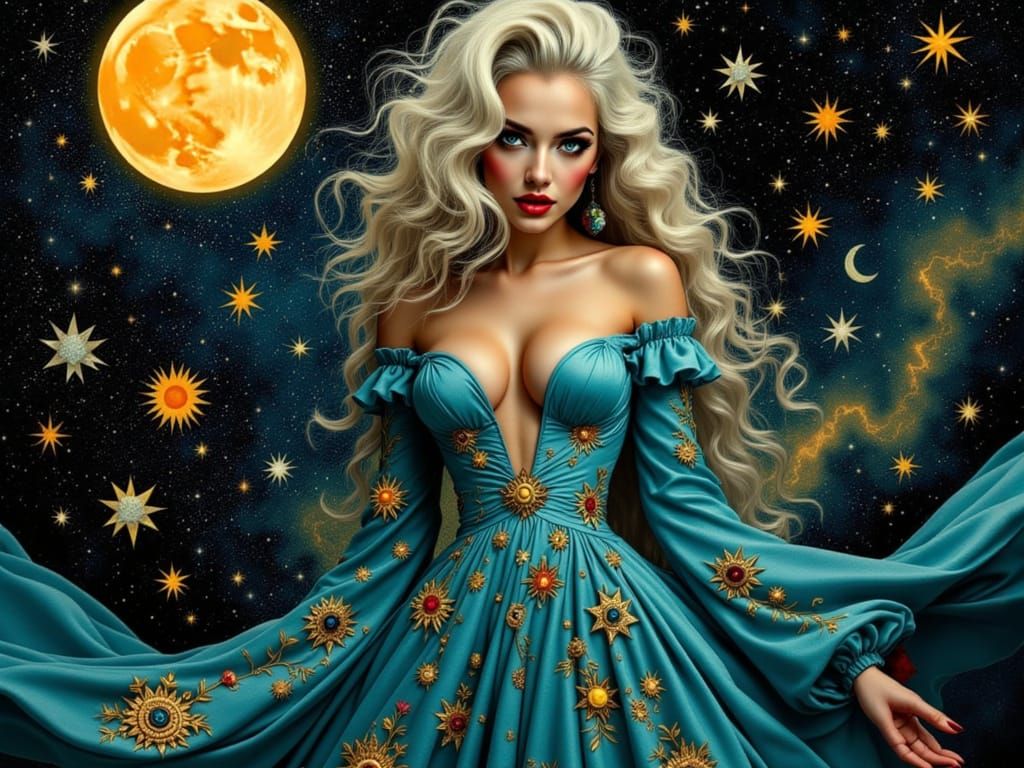 Enchantress Casting Spell Under Starry Sky